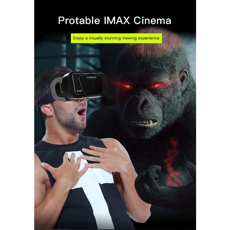 A man wearing a sleek black smartphone VR headset, appearing shocked while viewing a digital 3D monster simulation.