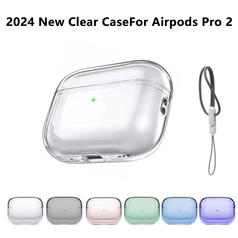 Clear protective case with lanyard for Apple AirPods Pro 2, available in various transparent colours.