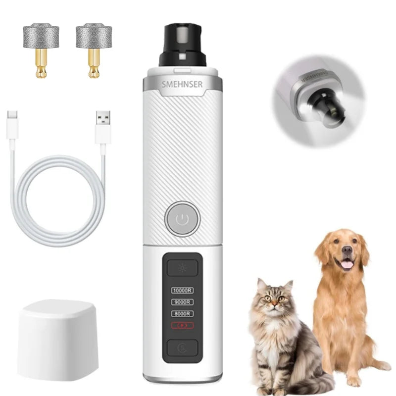White electric pet nail grinder with LED light, speed settings, two grinding heads, USB cable, and base.