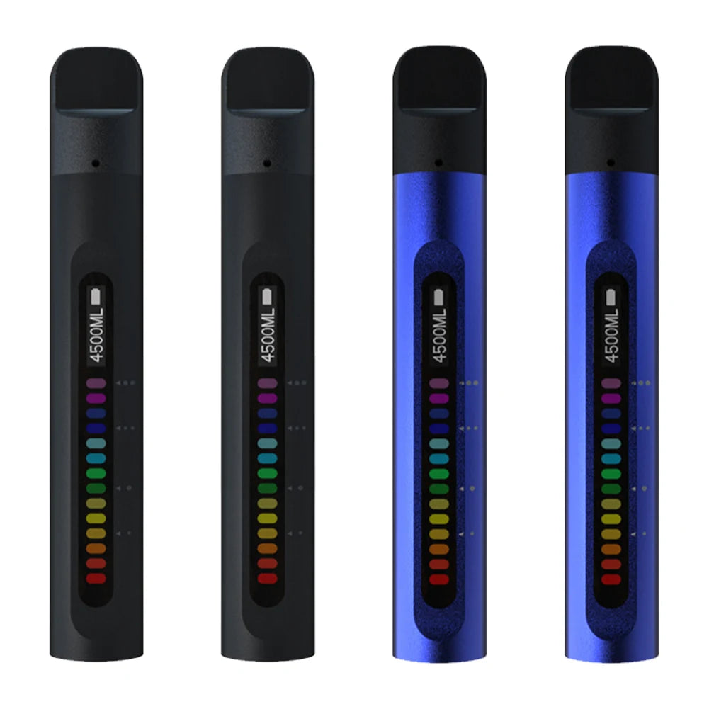 Four smart respiratory muscle training devices in black and blue, featuring a vertical LED display and status indicator.