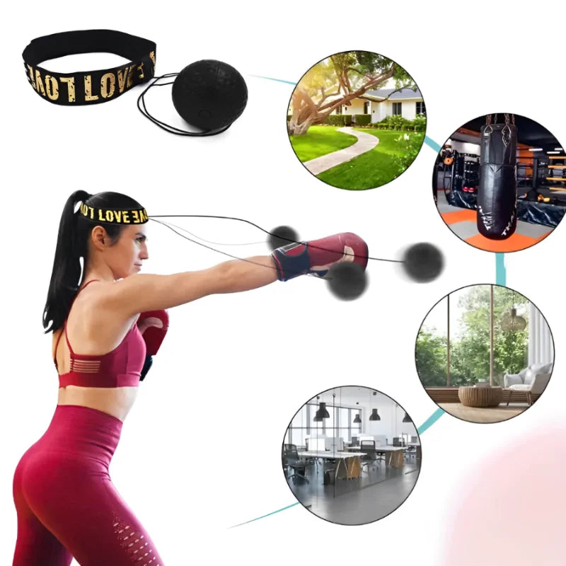Boxing reflex ball set with a black branded headband and ball, shown in use by a person in maroon activewear.