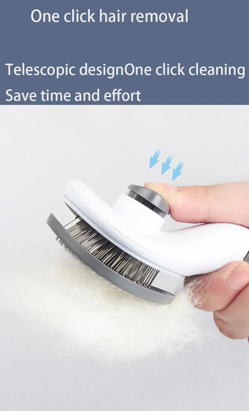 A hand using a white and grey self-cleaning pet grooming slicker brush to remove a clump of white pet fur.