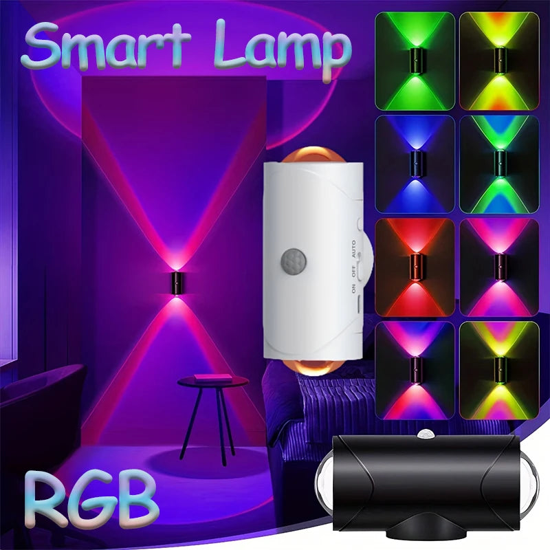 Smart motion sensor RGB LED wall lamp in white or black, showing dual-directional beams in various vibrant colours.