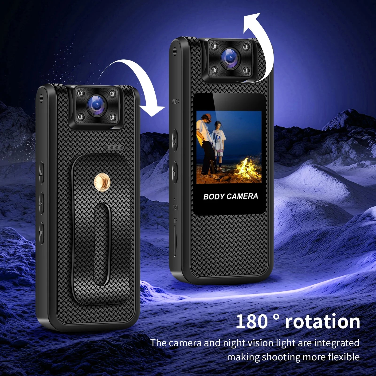 Black body camera with a textured finish, screen, and 180-degree rotating lens and night vision.