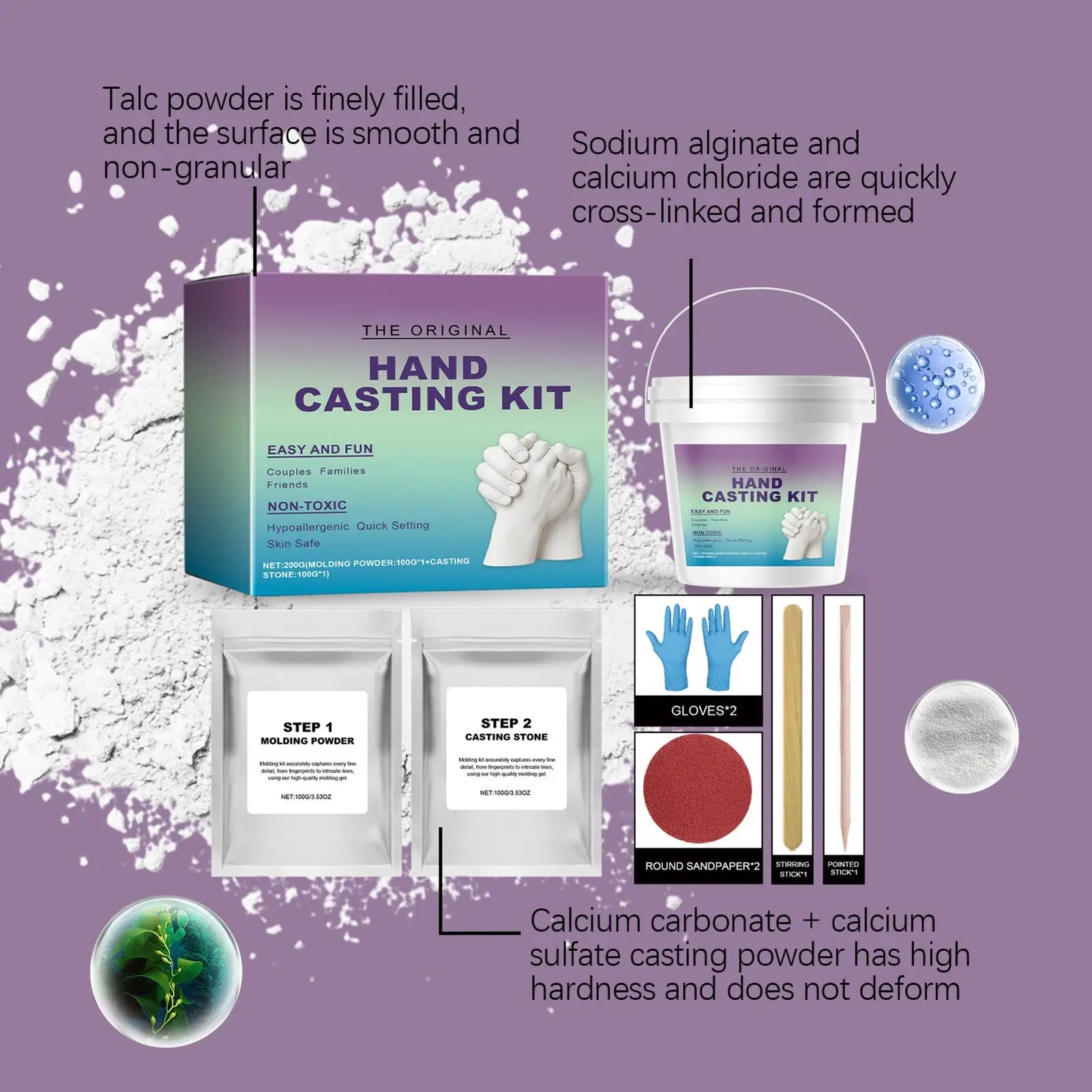 Hand casting kit featuring molding powder, casting stone, bucket, gloves, sandpaper, and stirring sticks.