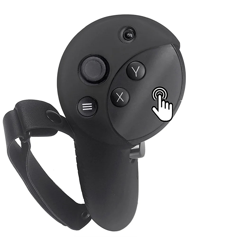 Black silicone VR controller grip cover with buttons, thumb cap, and adjustable hand strap.