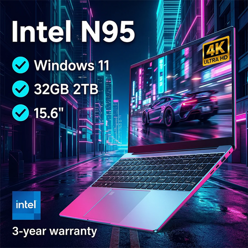 Sleek 15.6-inch laptop with 32GB RAM, 2TB SSD, and Windows 11, set against a vibrant neon cyber city background.