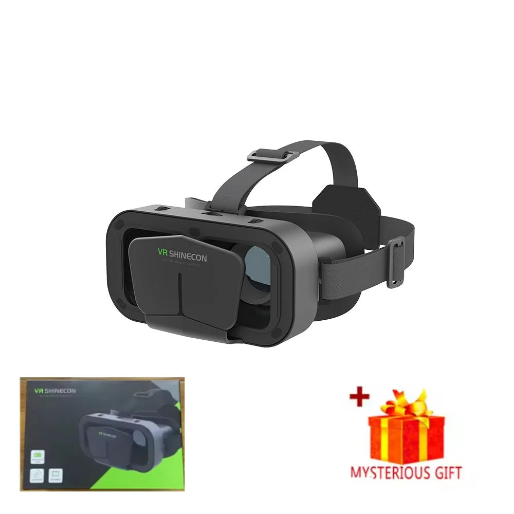 Black smartphone virtual reality headset with an adjustable head strap and front cover, plus a surprise gift icon.