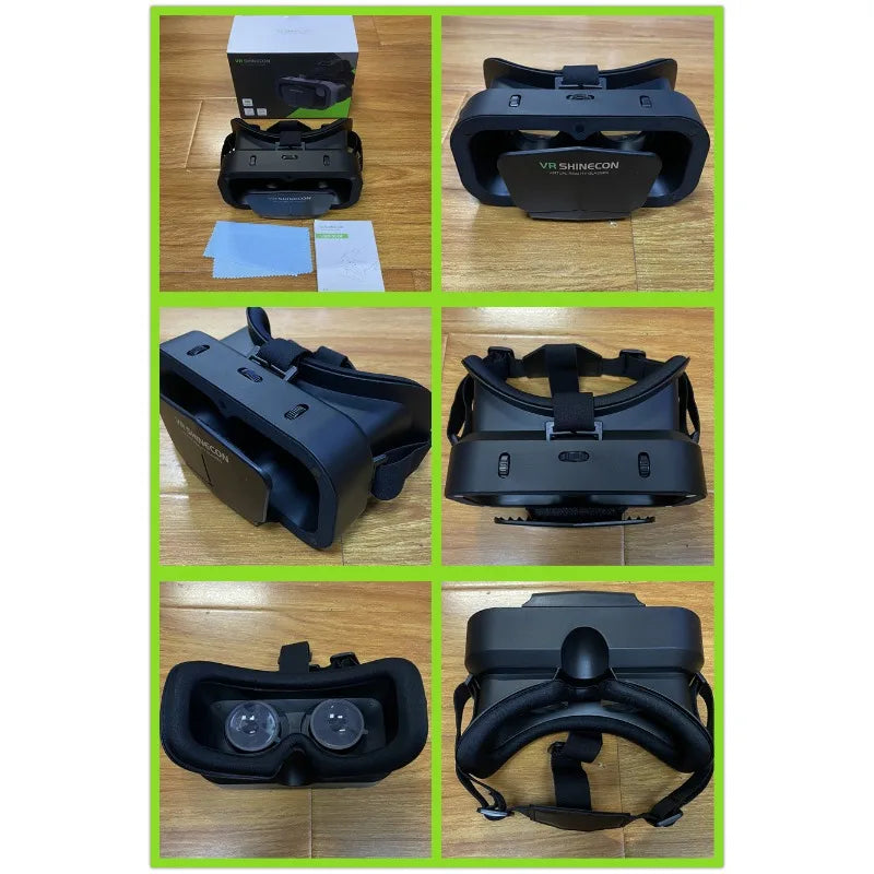 Black VR headset for smartphones, featuring adjustable lenses, cushioned face padding, and an elasticated head strap.