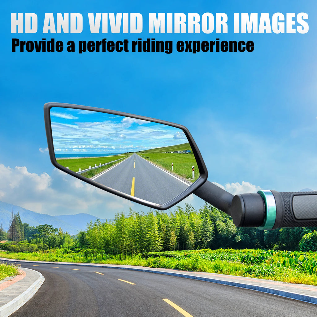 Black RBRL bike mirror mounted on handlebars, showing a clear, wide rearview of a road on a sunny day.