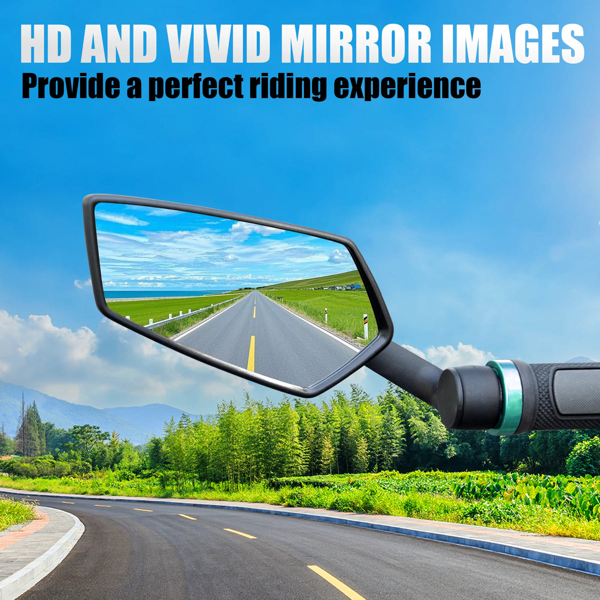 Black RBRL bike mirror mounted on handlebars, showing a clear, wide rearview of a road on a sunny day.