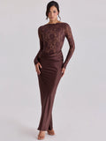Brown lace and satin maxi dress with long sleeves, ruched waistband, and bodycon mermaid silhouette.