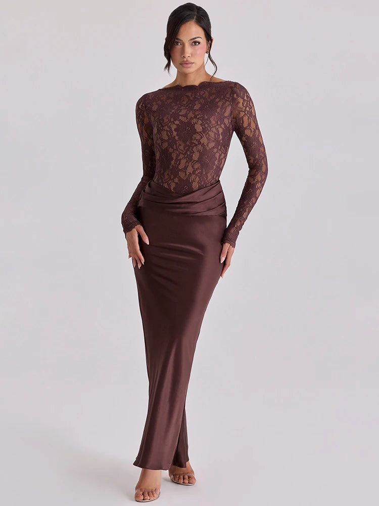 Brown lace and satin maxi dress with long sleeves, ruched waistband, and bodycon mermaid silhouette.