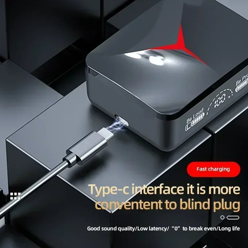 Black wireless earbud charging case with a red logo, digital display, and Type-C charging cable connection.