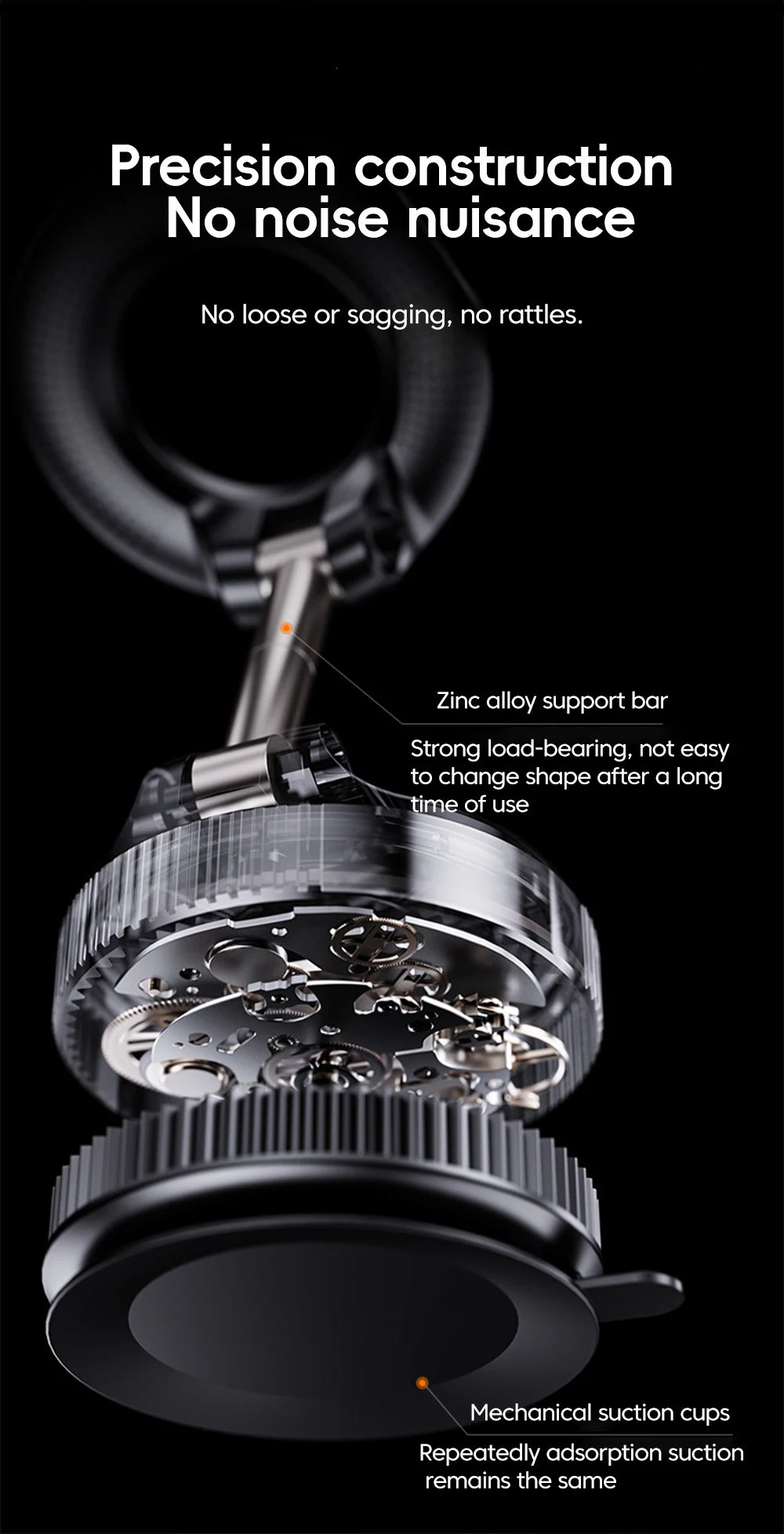 A black, modern mechanical phone mount with a zinc alloy support bar, suction cup base, and intricate gear design.