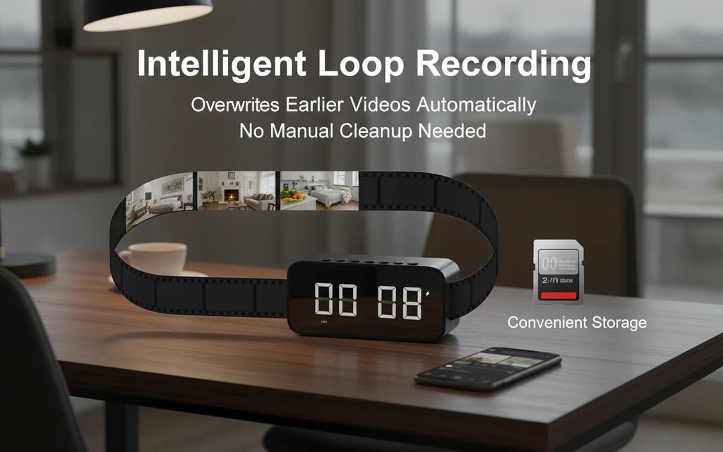 Black digital alarm clock with a built-in camera, featuring loop recording and an SD card slot for video storage.