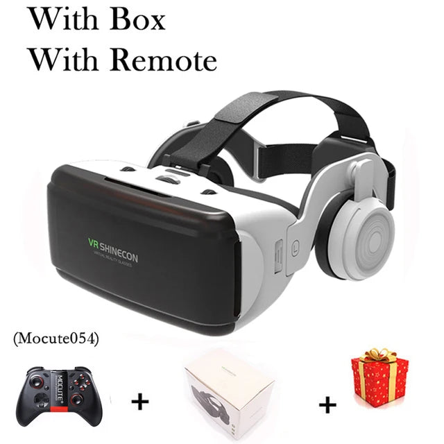 Black and white smartphone VR headset with integrated headphones, adjustable head strap, remote controller, and gift box.