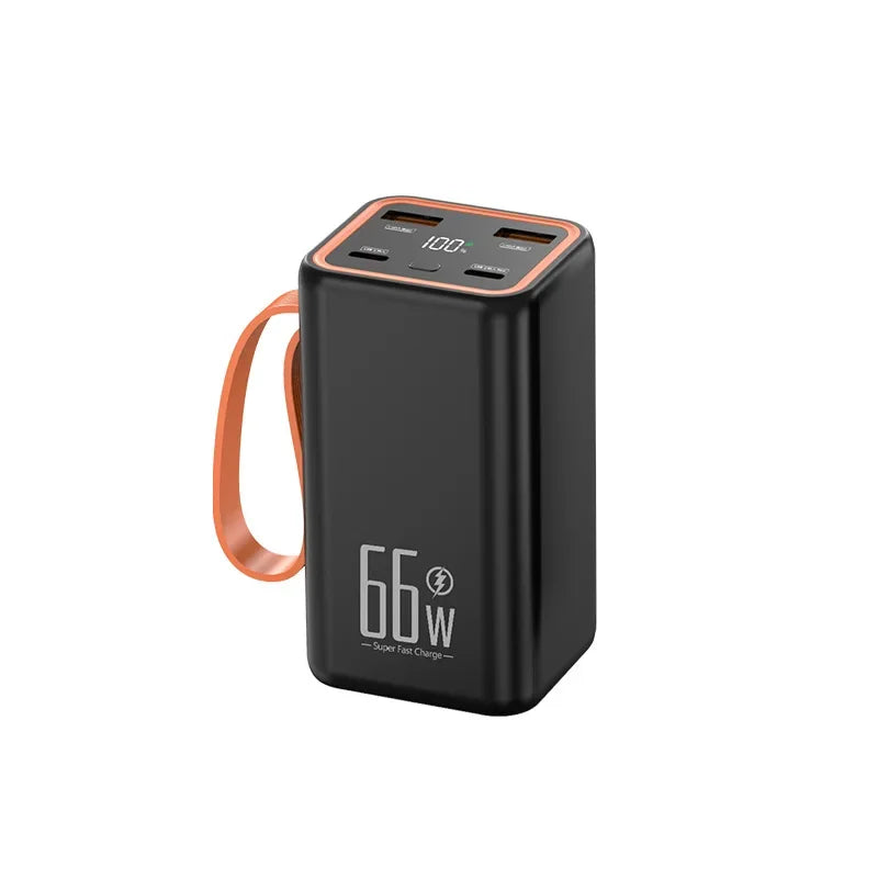 Black 20000mAh portable power bank with orange accents, multiple ports, digital display, and a matching carry strap.