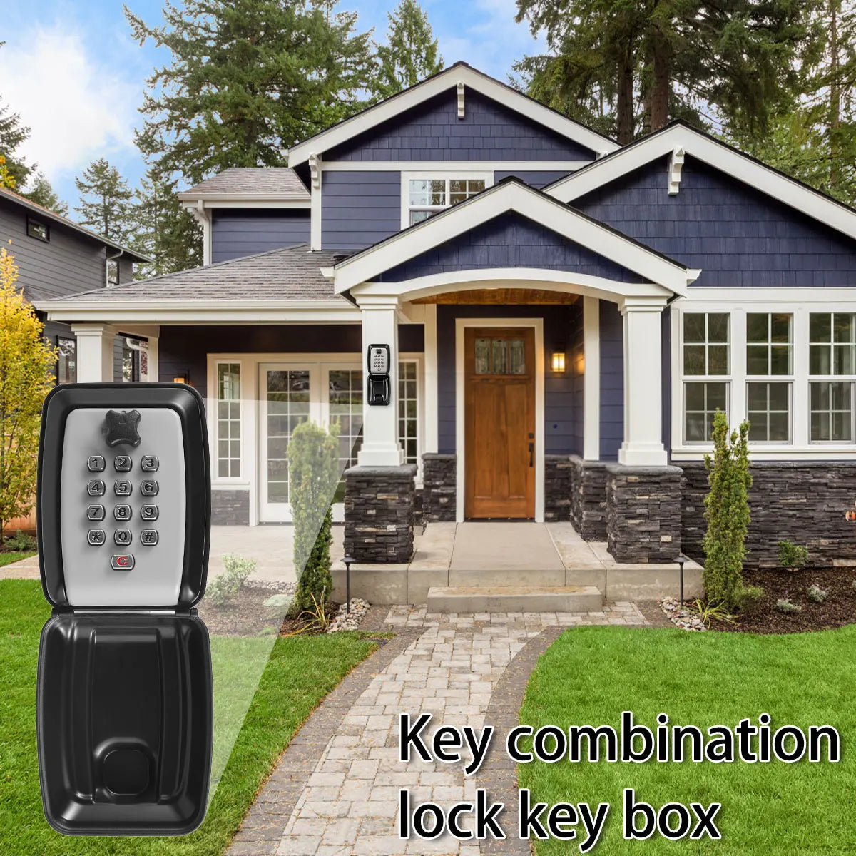 Black metal key lock box with a light grey front panel, numeric keypad, and a flip-down protective cover.