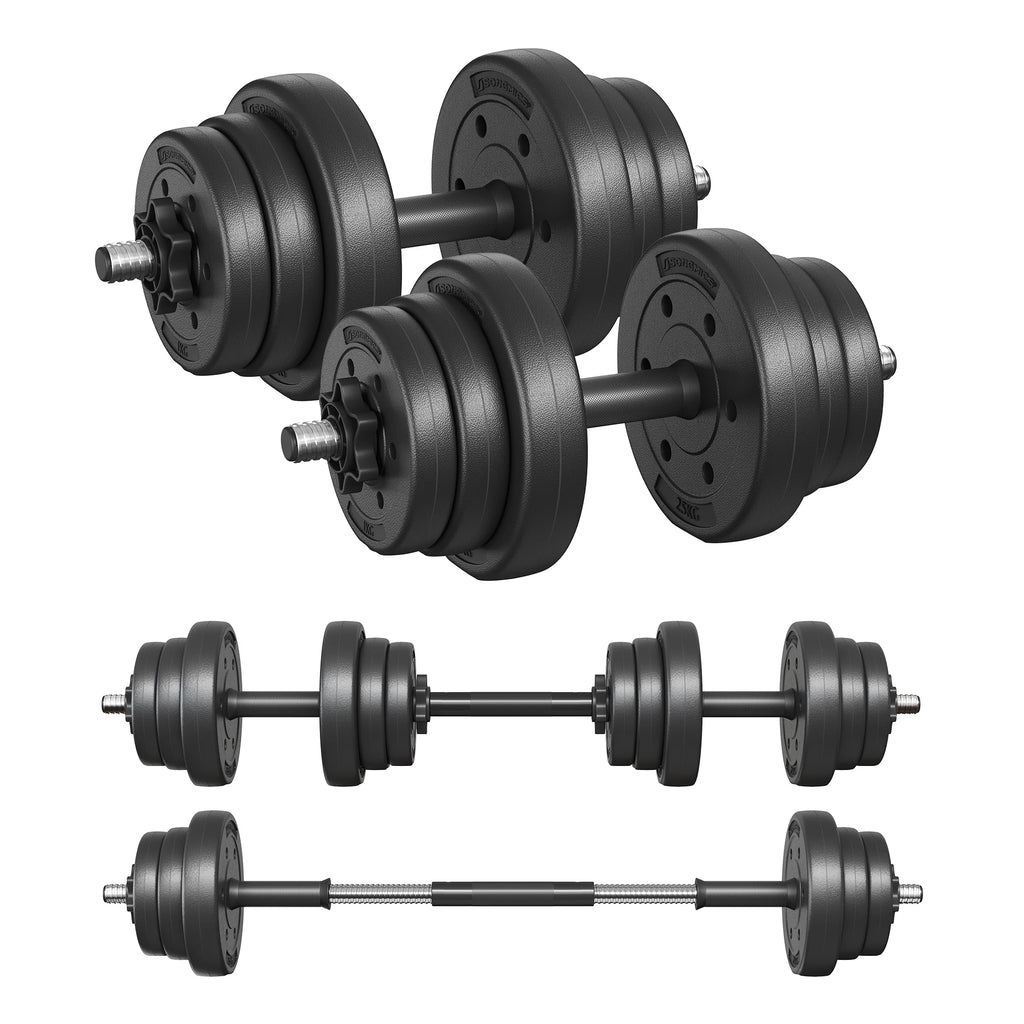 Black adjustable dumbbell set with plastic-coated weight plates and star-lock collars, plus an extension bar.