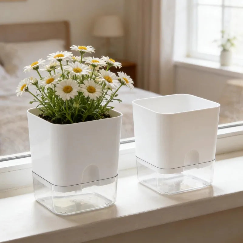 Two white square self-watering planters with clear bases sit on a windowsill; one is filled with daisies.