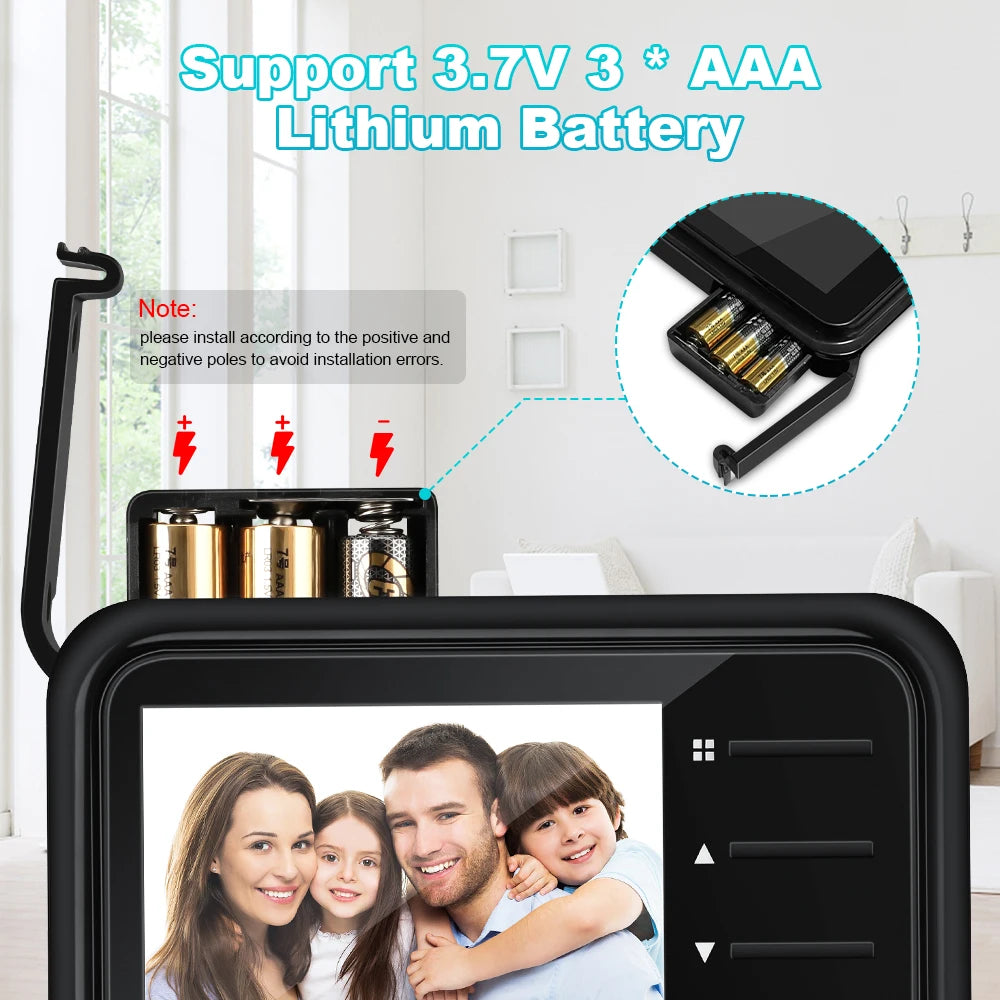 Black 2.4-inch digital door peephole camera showing an image of a family and its 3-AAA battery compartment.