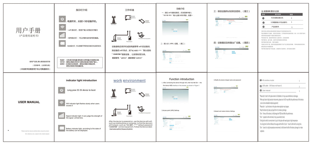 A white user manual printed with black text and diagrams, explaining the setup and use of a 4G wireless hotspot device.
