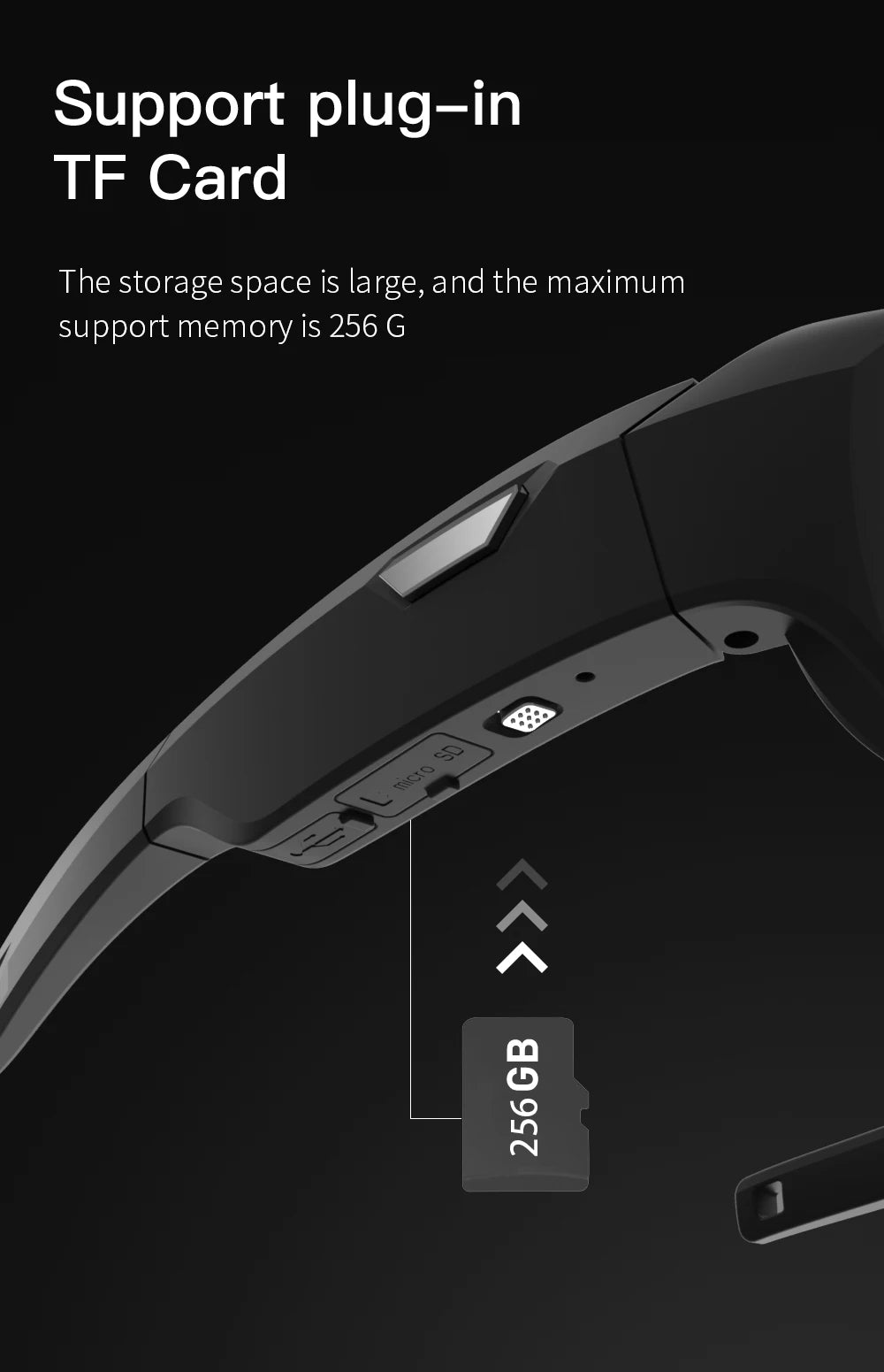 Black plastic headphone frame featuring a micro SD card slot that supports up to 256GB memory cards.