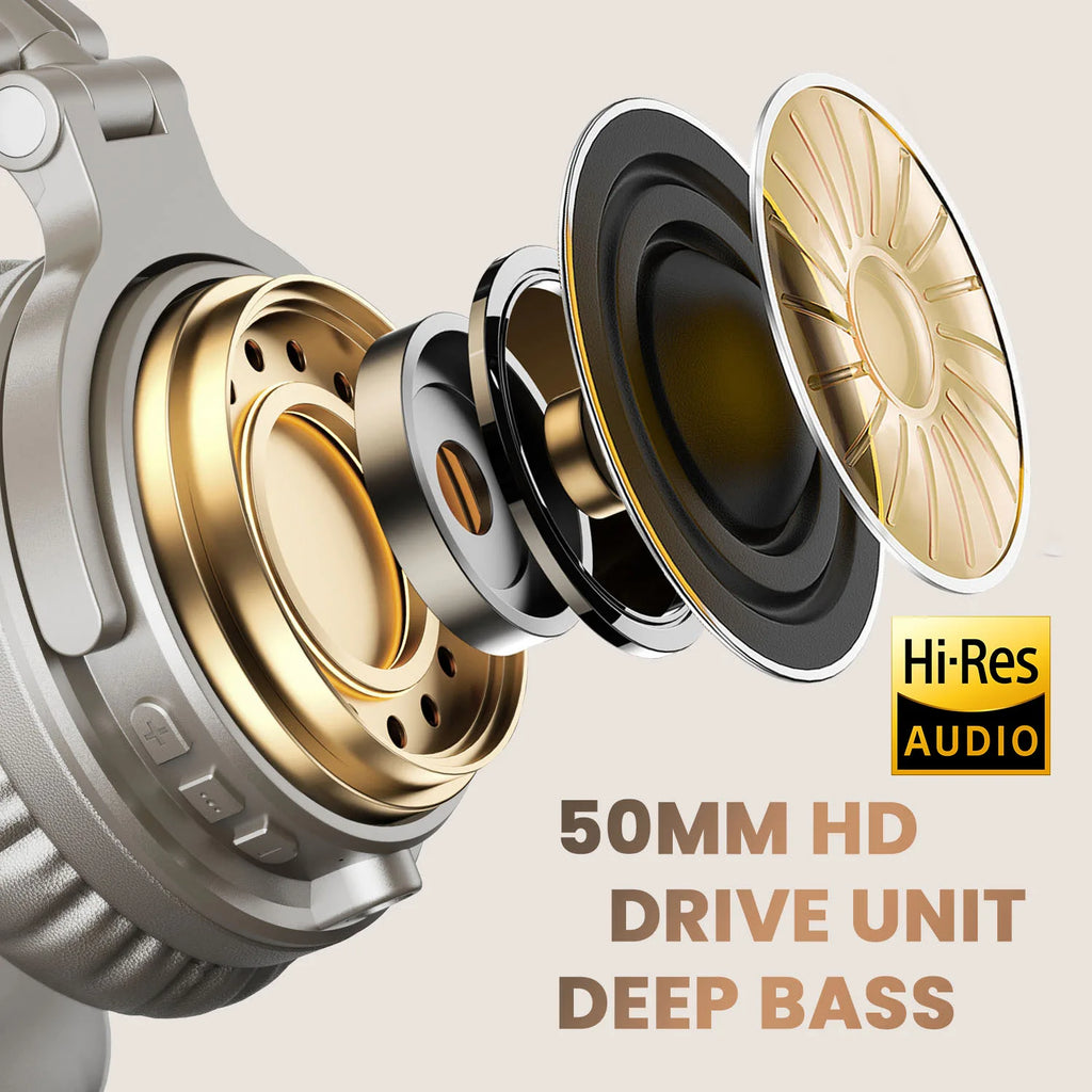 Exploded view of silver wireless over-ear headphones, highlighting the 50mm Hi-Res audio drive unit and deep bass design.
