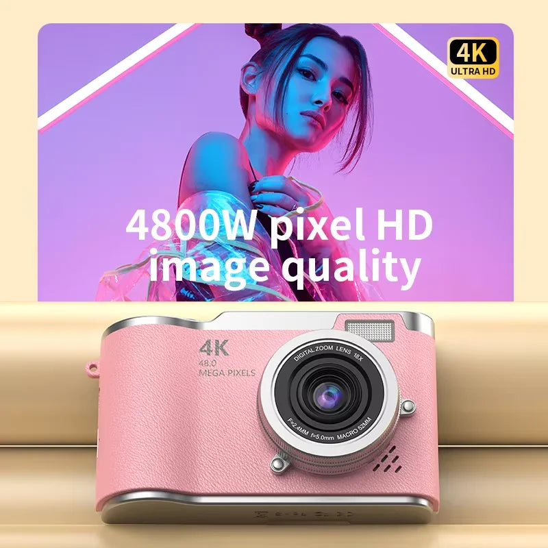 Pink faux-leather digital camera with 4K resolution, 48MP sensor, and 18x zoom lens.