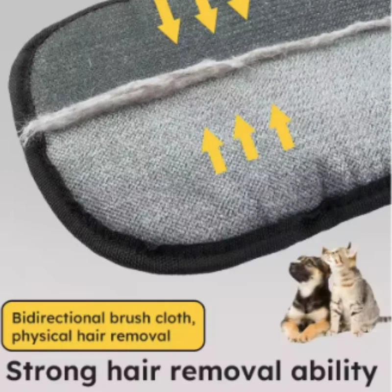 Grey bidirectional pet hair removal cloth with black trim, demonstrating effective removal of hair.