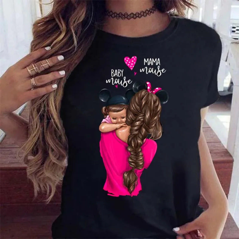 Black t-shirt featuring a cartoon print of a mother and child with mouse ears and the text Mama Mouse and Baby Mouse.