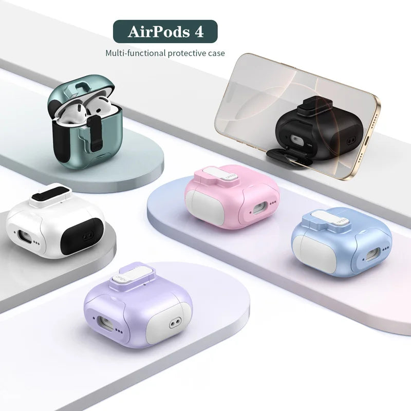 Multi-coloured, multi-functional hard protective cases for AirPods 4, featuring a built-in phone stand design.