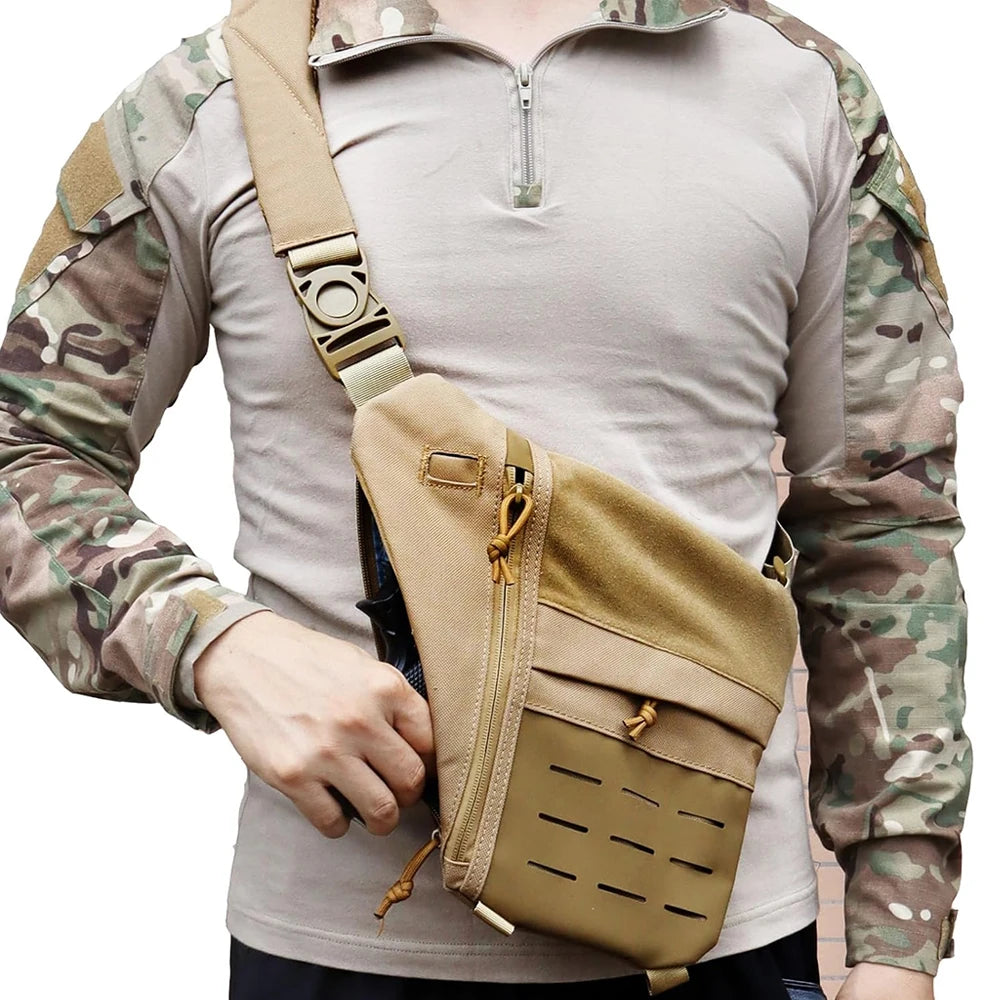 Tan tactical crossbody sling bag featuring a quick-release buckle, zip compartments and a laser-cut MOLLE front panel.