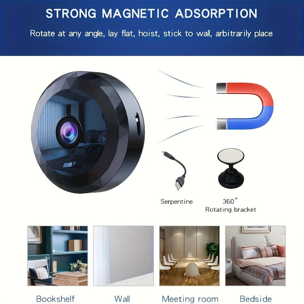 Black round magnetic mini security camera with a 360-degree rotating bracket and USB cable for flexible placement.