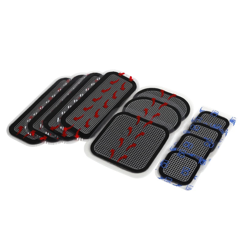 Set of black adhesive gel replacement pads for muscle stimulator belts, featuring a grid pattern and protective film.