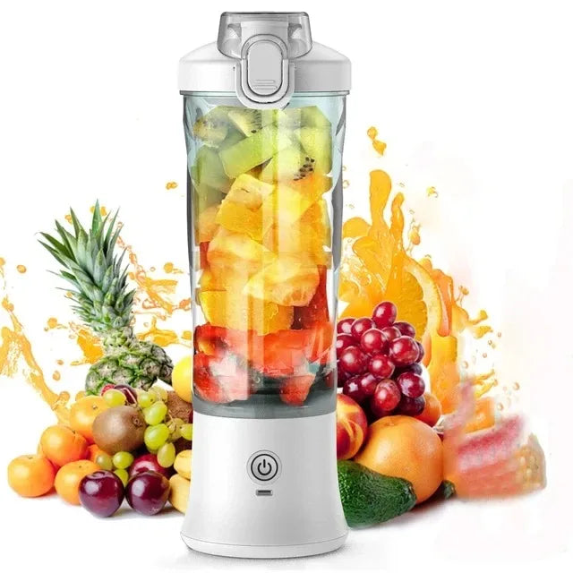 Portable white personal blender bottle filled with fresh fruit, surrounded by artistic fruit and juice splash graphics.