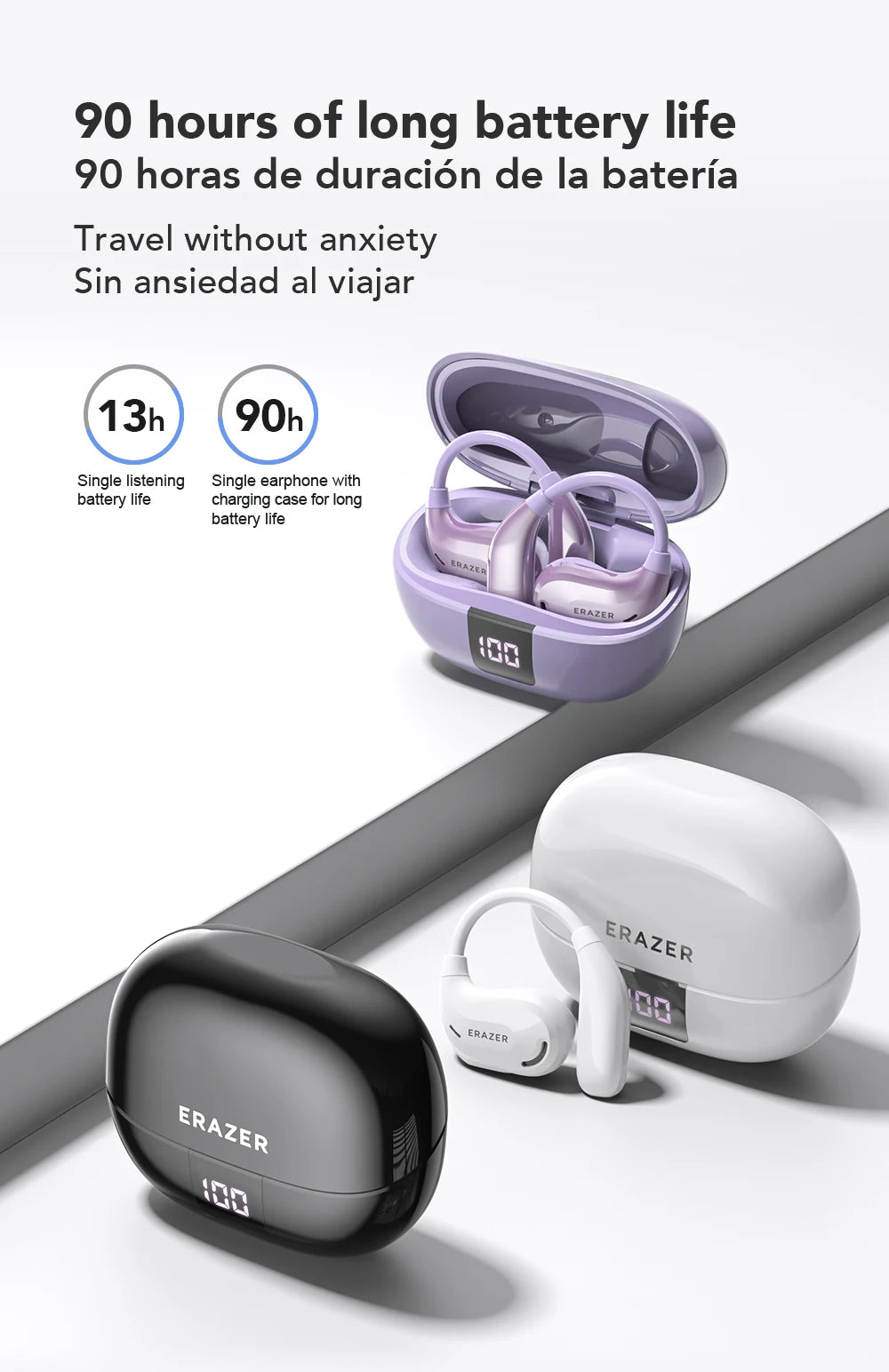 Purple, white, and black wireless ear hook earbuds in charging cases with digital battery displays.