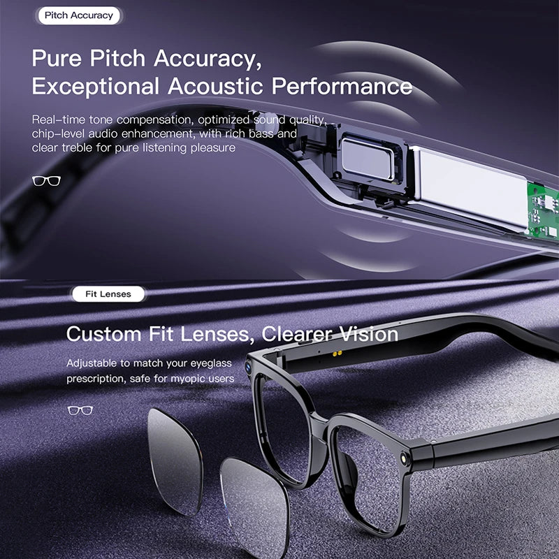 Glossy black smart glasses featuring an HD camera and removable lenses, highlighting audio technology and custom fit.