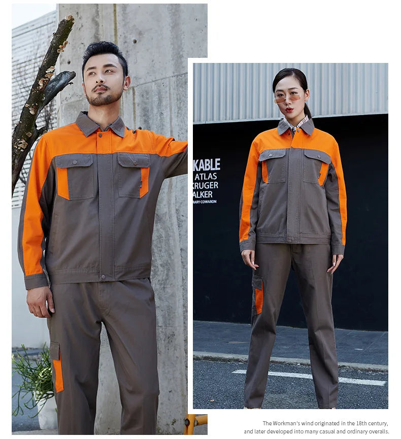 Unisex grey and orange workwear uniform set consisting of a long-sleeved button-up jacket and trousers with pockets.