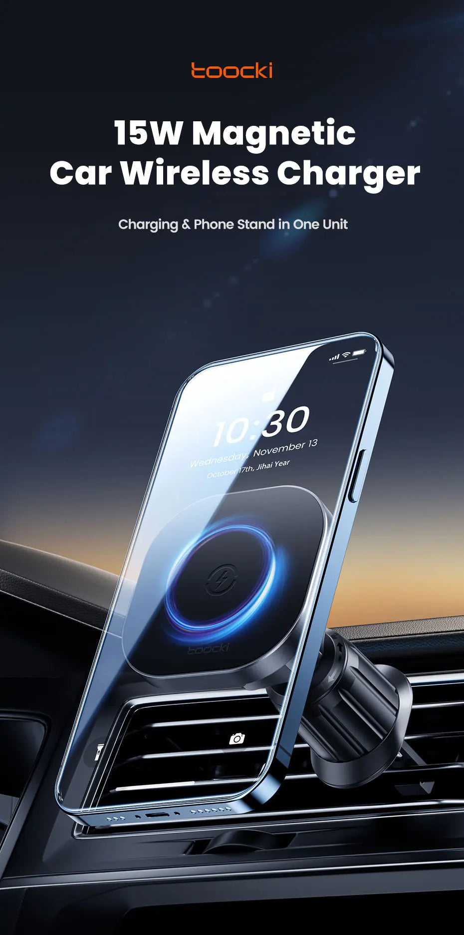A sleek black magnetic wireless car charger with a blue LED ring, mounted on a car air vent holding a smartphone.