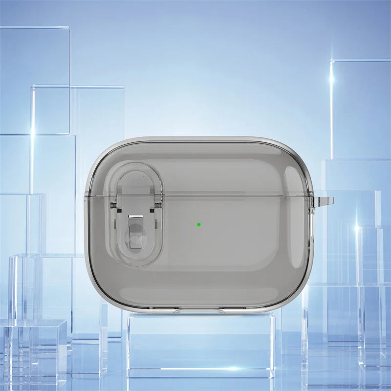 Clear protective case for AirPods Pro, featuring a secure locking latch mechanism on a blue abstract background.