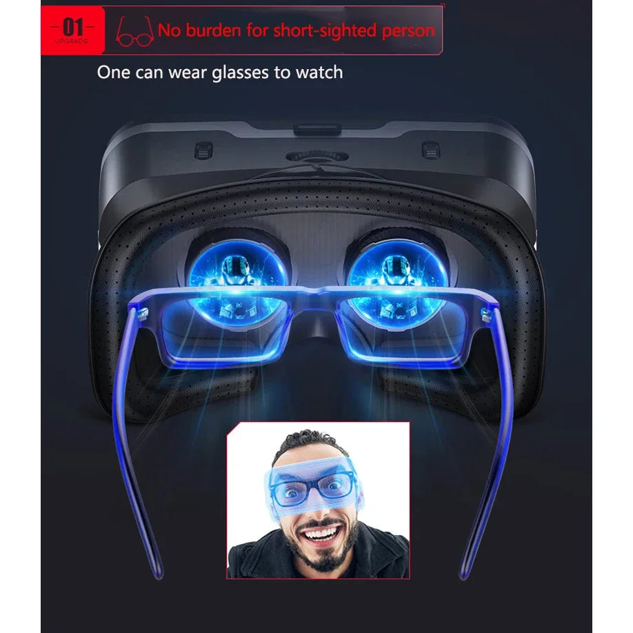 Black VR headset with blue glasses, designed for use over prescription eyewear, featuring a comfortable padded interior.