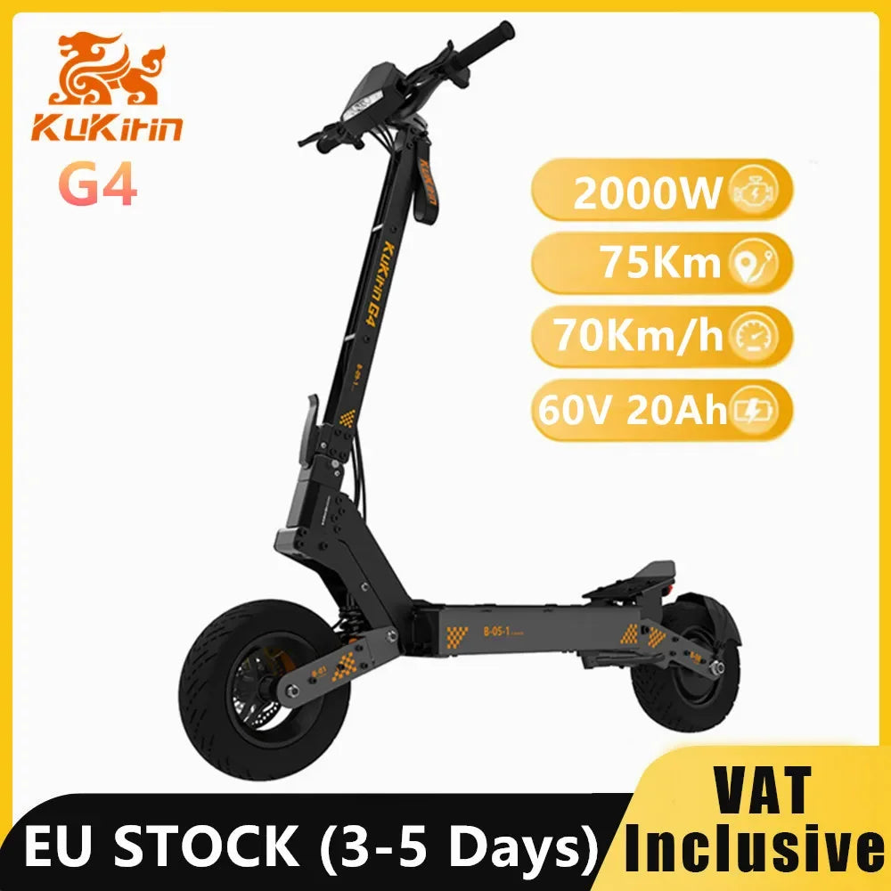 Black KuKirin G4 electric off-road scooter with orange accents, wide deck, handlebars, and large tires against white.