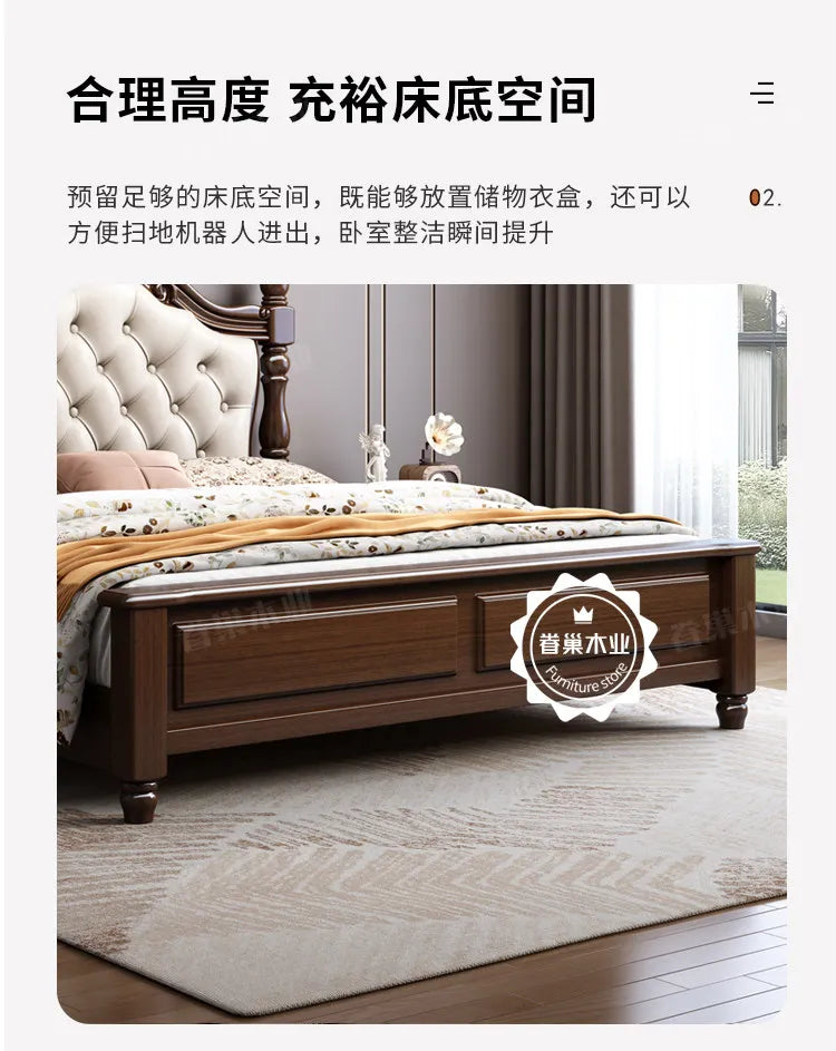 Retro dark wood double bed frame with a button-tufted cream headboard and raised legs for under-bed storage.