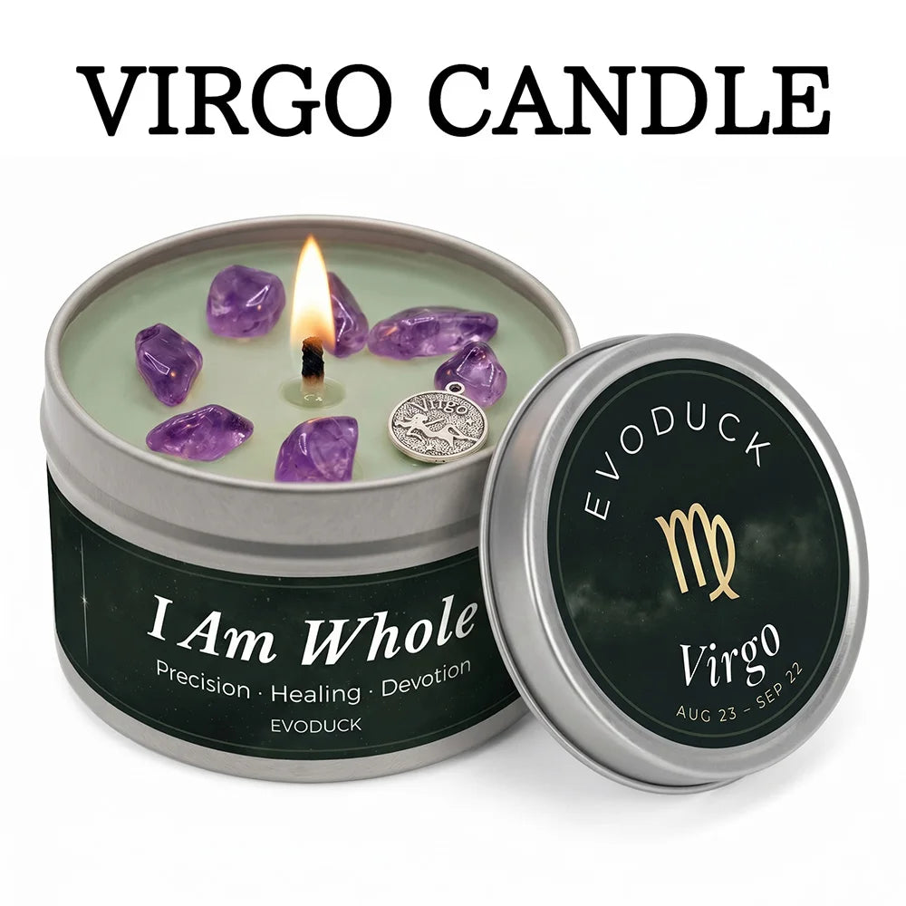 Lit Virgo zodiac candle in a tin, featuring amethyst crystals and a silver Virgo charm, on a light green wax base.
