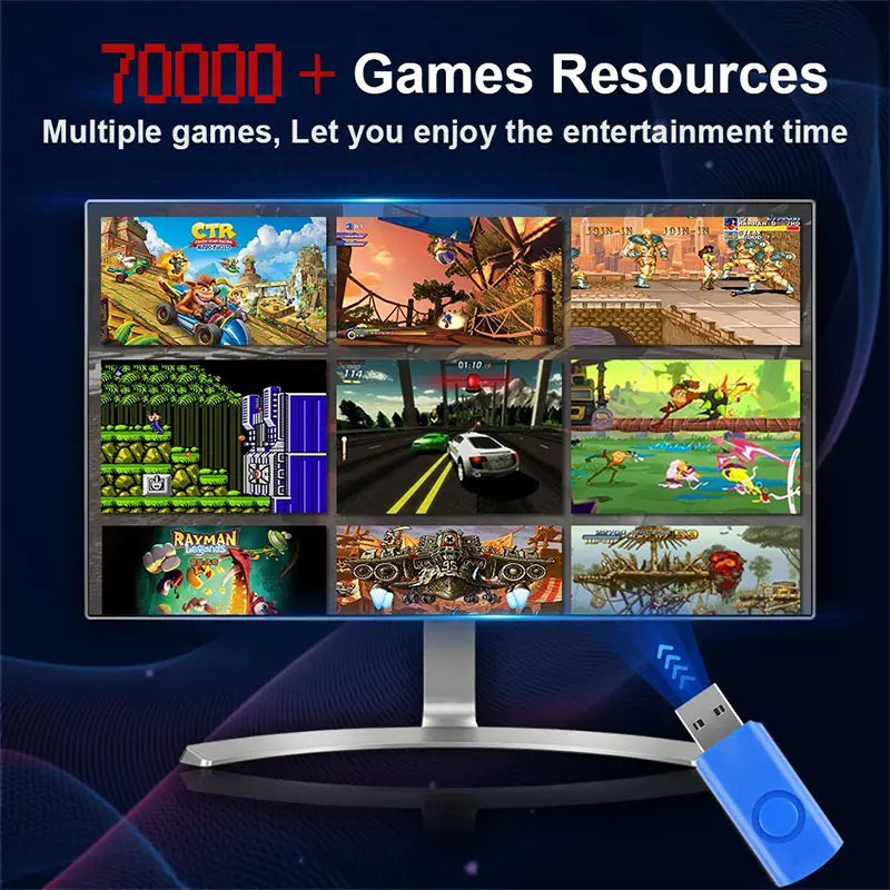 Blue USB retro gaming stick plugged into TV displaying a grid of nine colorful video game scenes.