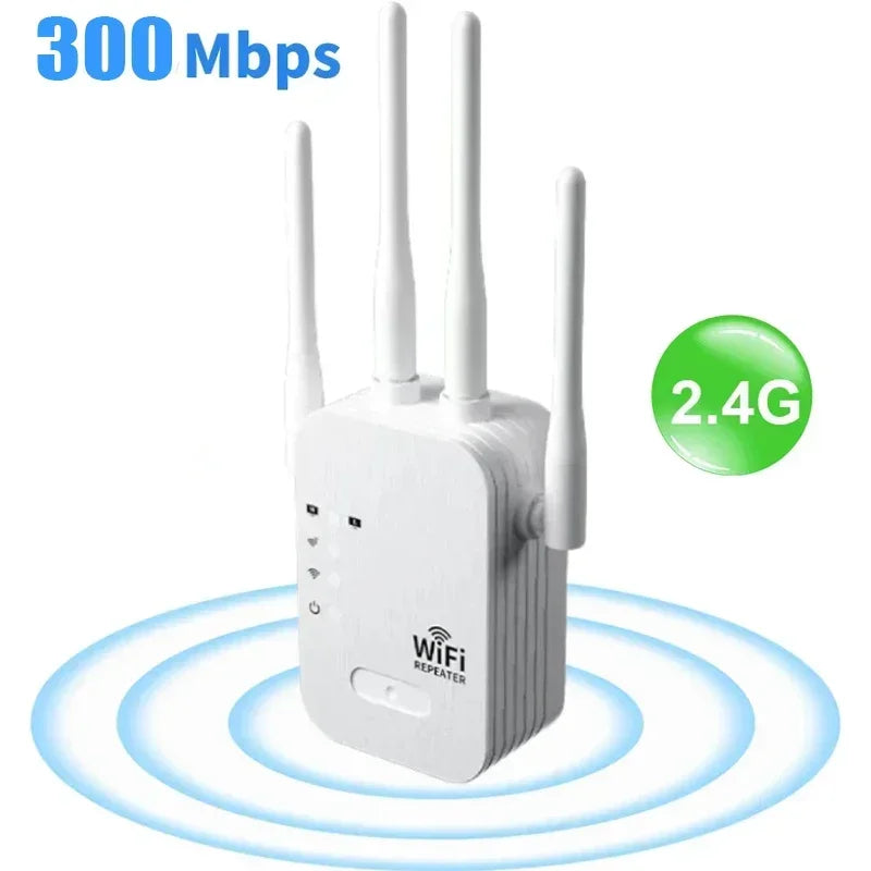 White, four-antenna WiFi signal booster with indicator lights and a 2.4G green circular icon.
