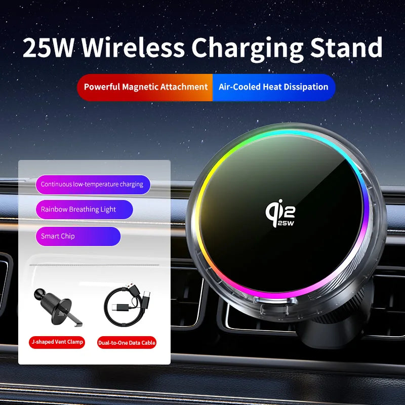 Black circular 25W magnetic wireless car charging stand with a rainbow LED ring, vent mount, and USB-C cable.
