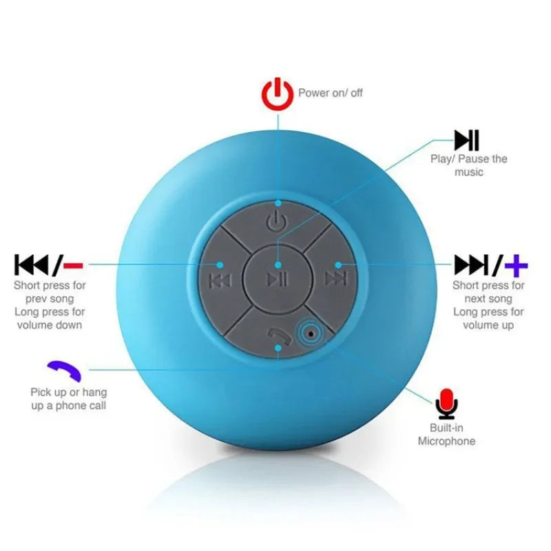 Blue wireless waterproof speaker with a central grey control panel featuring power, playback, volume, and call buttons.